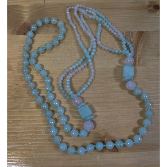 Vintage Fluorescent Green Glass Beaded Two Strand Layered Necklace 32” - Picture 4 of 8